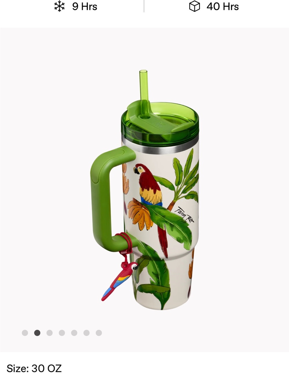 Stanley 30 oz Travel Tumbler with Green Handle, Green Lid and Parrot Design